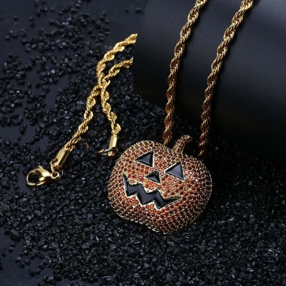 Pumpkin Jack O'Lantern Halloween Necklace, Pendant Sparkle, Autumn Fall Jewelry - Picture 1 of 7